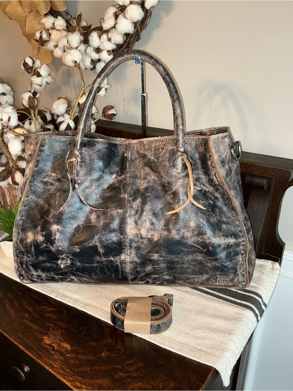 NWOT Bed Stu Leather Rockaway Shoulder Bag Crossbody Tote Black Lux MSRP $345